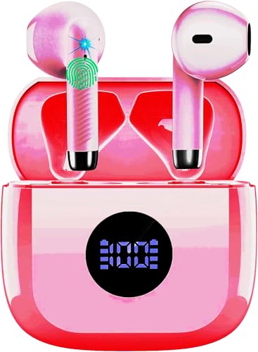 Jxrev J51 Kabellose Ohrhörer, Bluetooth 5.4 Earbuds Stereo Bass, Noise Cancelling Mic, Wasserdicht IP7, 32H Spielzeit, USB C Ladehülle, Rote Ohrhörer für Android iOS