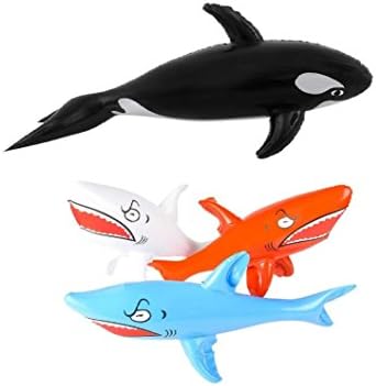 Cirdan Inflatable Shark and Whale Bundle: 36 Inch Inflatable Whale and Three 24 Inch Inflatable Shark for Pool and Party Decorations