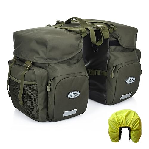ZTZ 50L Waterproof Bicycle Panniers, Made of High Density 600D Polyester for One. The Bicycle Saddle Bag Comes with a Reflective Trim and a Cover (Khaki Green)