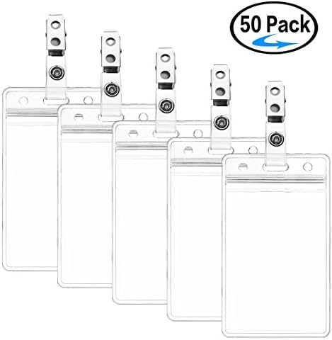 Badge Holder with Clip on Name Badge Holder Waterproof PVC ID Card Holder Vertical by ZHEGUI (50 Pack, Vertical 3.5X2.3)