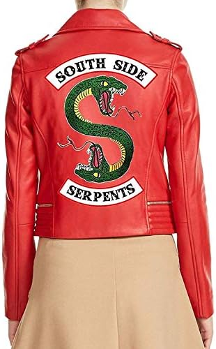 Womens Red Faux Leather Jacket with Snake Logo - Red Women Jacket