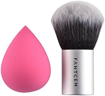FANTCEN Kabuki Brush, Makeup Brush, Oval Brushes, for Cream Powder Blusher Contouring Highlighting Silve with MakeUp Sponge Egg Blender Puff Pink