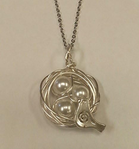 Bird's Nest Pendant with 3 White Pearl Eggs on a 24 inch stainless steel link chain