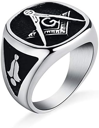 Valily Man's Freemason Signet Ring Stainless Steel/Black Masonic Jewellry Ring Size O to Z