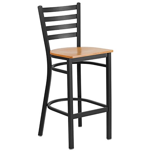 Flash Furniture HERCULES Series Black Ladder Back Metal Restaurant Barstool – Natural Wood ...