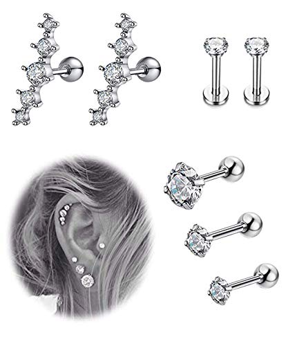 YOVORO 7Pcs 16G Stainless Steel Cartilage CZ Stud Earrings for Women Girls Helix Tragus Daith Piercing Jewelry S1