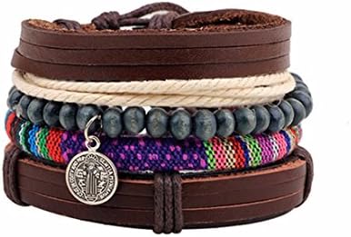 Xumengwu Multi-layer Brazil Samba Christianit Braided Leather Wood Waxed Cord Beaded Braided Bracelet Set