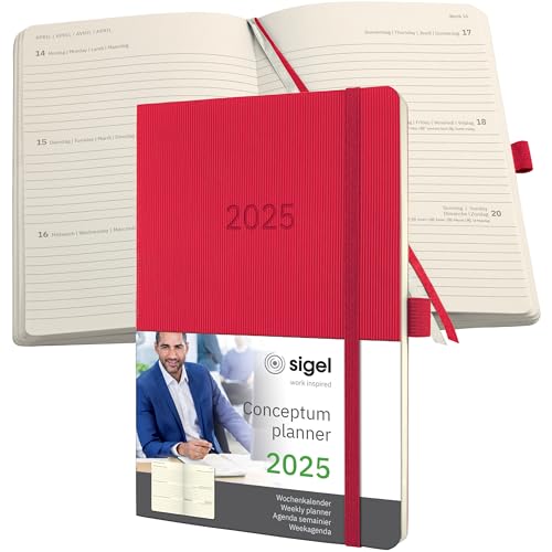SIGEL C2534 Conceptum Agenda semanal 2025, aprox. A5, rojo, tapa blanda, dos páginas = una semana, 192 páginas
