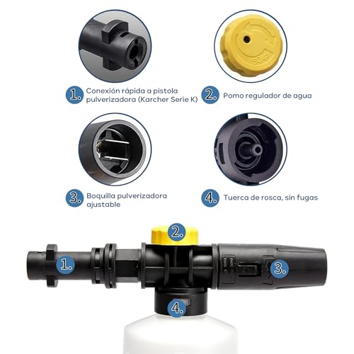 Boquillas de espuma para hidrolimpiadoras，Compatible Karcher (K2 K3 K4 K5 K6 K7 Serie K).Boquilla Rociadora Ajustable de 750 ml.Generador de Jabón, Hidrolavadora de Alta Presión, Espumador de Coche
