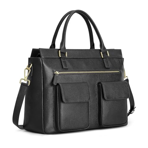 Kattee Leather Briefcase for Women, 15 Inches Laptop Bag, Work Tote with Luggage/Shoulder Strap