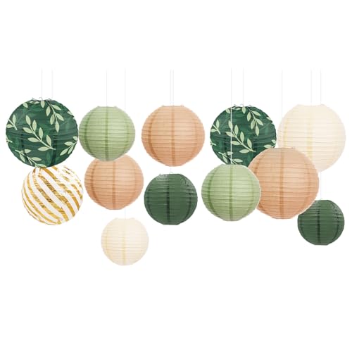 AOBKIAT Party Decorations Paper Lanterns Set,12PCS Sage Green Brown Chinese Japanese Hanging Paper Lantern for Green Boho Wedding,Birthday,Baby Shower,Bridal Showers,Neutral Party Decor