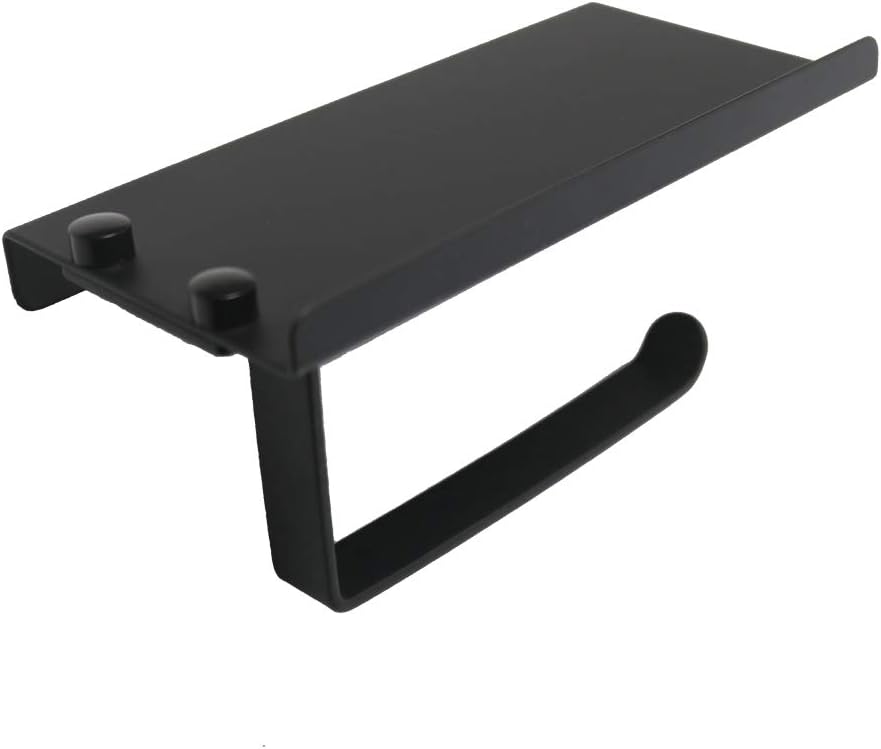 Toilet Paper Roll Holder with Phone Shelf, Aluminum Wall Mount Storage with Screws for Bathroom, Matte Black