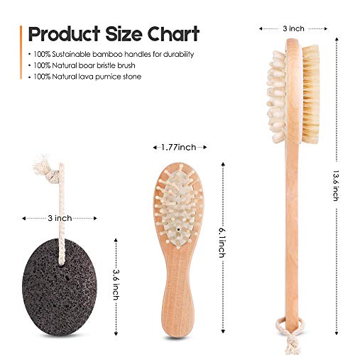 Dry Skin Body Brush Set Exfoliating Back Brush for Shower with 100% Natural Boar Bristle Brush & Hair Brush & Foot Pumice Stone, Wooden Round Bath Brush for Lymphatic Scrub, Detox , Cellulite Massage Brush Gift Set - Thumbnail 5