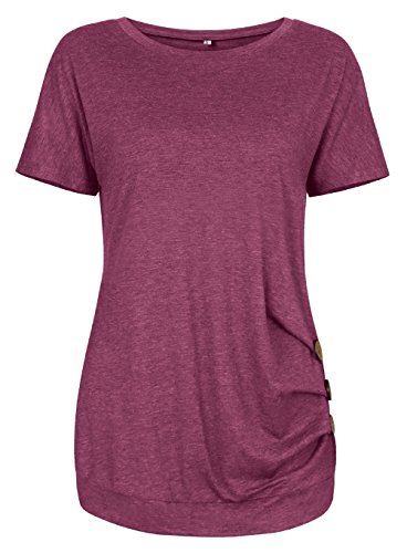 Anicco Button Down Shirts For Womens Casual Round Neck Loose Tunic Top Blouse Maroon-XL - Thumbnail 3