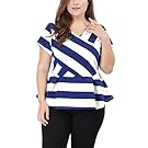 Agnes Orinda Women's Plus Size V Neck Inverted Pleats Striped Peplum Top 2X Blue