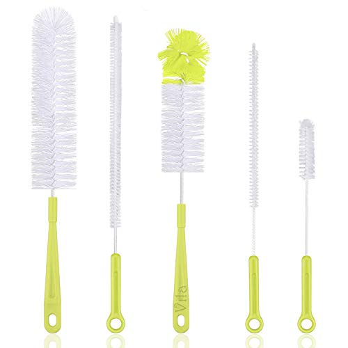 Vila 5-Piece Bottle Brush Set, Green Plastic Handles with Strong Nylon Bristles, Varying Widths and Lengths for Cleaning Tumblers, Jugs, Piping, Tubes, Spouts, Straws, Baby Bottles and More