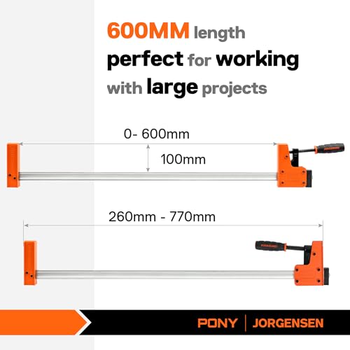 JORGENSEN Set of 2 Steel and Nylon Single Hand Clamps for Precise Fixing, Clamp Width 600 mm, Maximum Clamping Force 680 kg, Stretch Range up to 770 mm