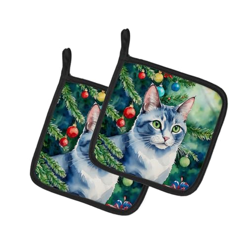 Caroline's Treasures Ojos Azules Cat by The Christmas Tree Pair of Pot Holders…