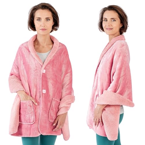EzrAllora Premium Double Layer Poncho Blanket for Women - No Sleeves - Sherpa Shawl with Pockets - Lap Blanket - Gifts for Mom Grandma (Rose)