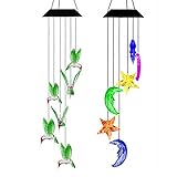 Aunifun 2pcs LED Solar Mobile Wind Chime Star & Moon LED Solar Windchimes and Hummingbird Wind Chime for Decoration Home