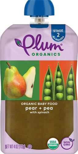 PLUM ORGANICS STAGE 2, ORGANIC BABY FOOD, PEAR, SPINACH, AND PEA, 4 OUNCE, NEW LOOK, PACKAGING MAY VARY.