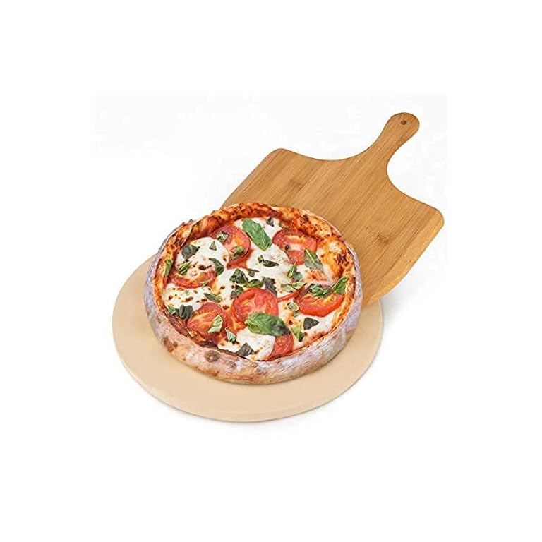 AUGOSTA Round Pizza Stone for Oven and Grill, Free Pizza Peel Paddle