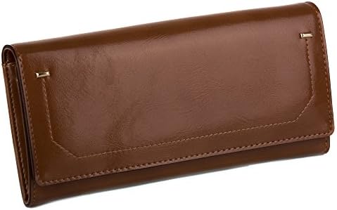 KAFA Women's Wallet Magnetic Closure Faux Leather Bifold Long Wallet Credit Card Holder (Brown)