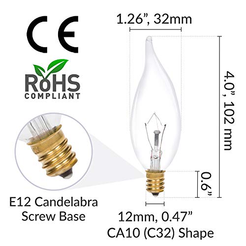 Simba Lighting Candelabra Flame Tip Clear CA10 60W E12 Base (12 Pack) Decorative Incandescent Light Bulbs 120V for Chandeliers, Ceiling Fan Lights, Pendants, Wall Sconces, Dimmable, Warm White 2700K - Thumbnail 4