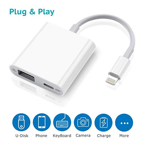 Yomais USB Camera Adapter with Charging Port, USB 3.0 Female OTG Cable Compatible with iPhone 11 Pro X 8 7 iPad, Support iOS 13 and Above, USB Flash Drive, U Disk, Mouse, Keyboard, Upto 500mAh, White