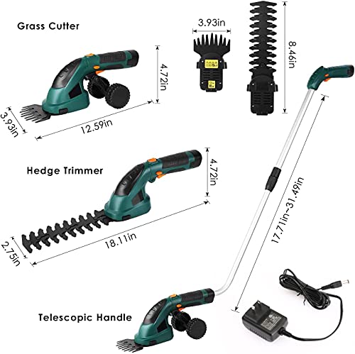 Gizcam Hedge Trimmers Cordless with Battery-powered, Grass Trimmers, Shrub Trimmers, Weed Trimmer, 2 in 1 Cordless Grass Shear with Battery 7.2V 2000mAh, including Telescopic Handle and Running Wheels