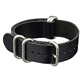 INFANTRY 22mm 5 Silver Rings Genuine Leather Watch Strap Band Stainless Steel Buckle - Black