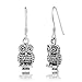 925 Oxidized Sterling Silver Detailed Wisdom Owl Black Eyes Dangle Hook Earrings, 28 mm