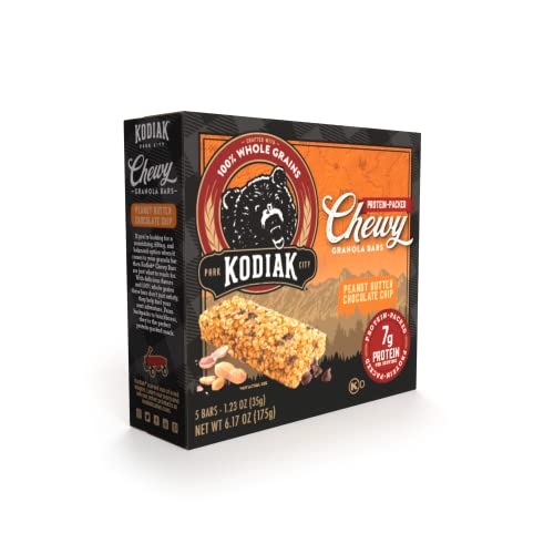 KODIAK CHEWY GRANOLA SNACK BARS, PEANUT BUTTER CHOCOLATE CHIP, HIGH PROTEIN, 100% WHOLE GRAINS, 1 BOX WITH 5 BARS