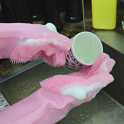 HOMCA Magic Silicone Gloves with Wash Scrubber, Magic Saksak Rubber Gloves Heat Resistant Reusable Silicone Gloves for Cleaning, Household, Dish Washing, Kitchen (13.6" Large,1 Pair,Pink)