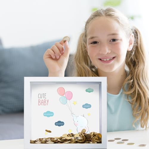 Totofac 3D Bilderrahmen zum Befüllen 27x22 cm, Spardose Weiß Lackierter Holzbilderrahmen, 3D Bilderrahmen Sparbüchse für Hochzeit Taufen Reisen Valentinstag Weihnachten Geldgeschenk