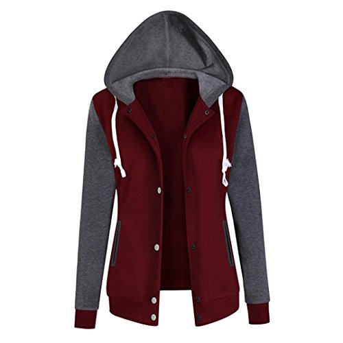 Minisoya Women's Casual Hoodie Sweatshirt Ladies Hooded Coat Jacket Button Outwear Overcoat (Wine Red, L) - Thumbnail 3
