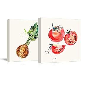 2 Panel Square Canvas Wall Art - Celery and Tomato Watercolor | Fruits Watercolor Art and Illustrations - Giclee Print Gallery Wrap Modern Home Art Ready to Hang - 12"x12" x 2 Panels