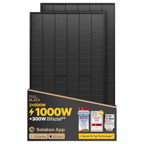 Solakon Solarpanel 500W, Bifazial Glas-Glas N-Type Solarmodul, 40v Full Black Solarmodule/Solar Module für Balkonkraftwerk/Solaranlage, 500w Solar Pan