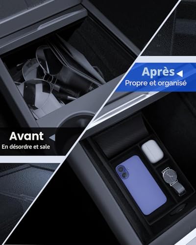 LANTU 5pcs Accessories for Tesla Model Y 2025-2026, Junior Center Console, Silicone Organizer Tray, Armrest Storage Box, Hidden Box and Cup Holder (Flocking)