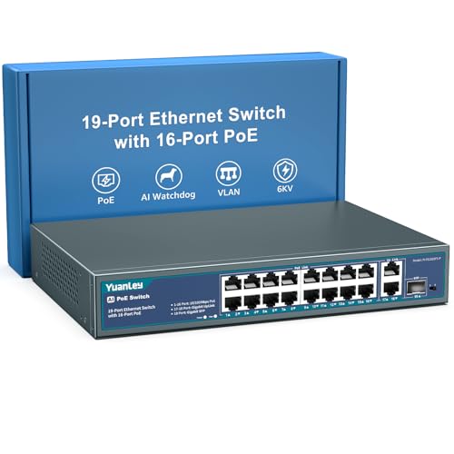 YuanLey 16-Port PoE Switch with 2 Gigabit Ethernet Uplinks, 1 SFP Port, 250W 802.3af/at PoE+ Support, Unmanaged Network Switch with AI Watchdog, VLAN, 6KV, Rack Mount