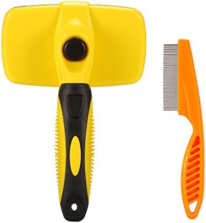 Petsmoe Self Cleaning Pet Brush,With Additional Flea Comb For Grooming Dogs &amp; Cats,Both Short And Long Hair Breeds,Yellow.