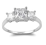 Three Stones Princess Cut Cubic Zirconia Ring Sterling Silver 925 (Sizes 4-12)
