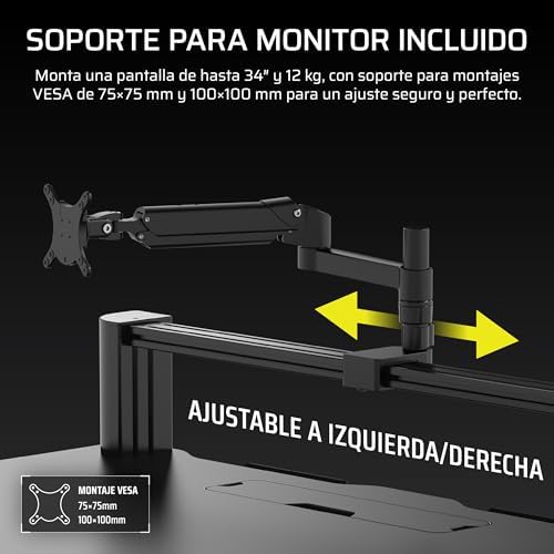 Platform:4 – 120 cm x 76 cm, Altura Fija, Escritorio de Pie para Juegos de Oficina, Cables Escritorio, Alimentación USB, Brazo para Monitor Incluido – Negro