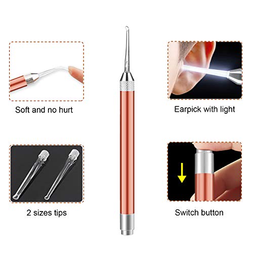 3 Pcs Earwax Removal Kits+Nose Cleaning Tweezer+Nail Clipper,Ear&Nose Pick Cleaner Kit with LED Light,Visible Ear&Nose Care Accessories,Ear Spoon with Storage Box for Baby&Adult(Rose Gold)