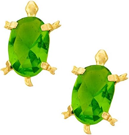 14K Yellow Gold CZ Birthstone Turtle Stud Kids Earrings With Safety Screw Backs (August-Peridot)