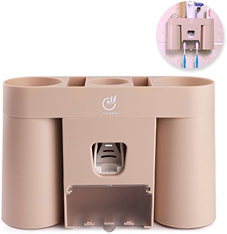 Wall Mounted Toothbrush Holder with Dustproof Cover, 2 Suction Cups, Automatic Toothpaste Dispenser Squeezer for Dental Oral Care Bathroom Accessories Storage Organizer Set (Light coffee color)