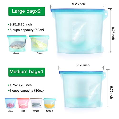 FYLINA Reusable Silicone Food Bags [6 Pack] 2xLarge 50oz and 4xMedium 30oz - Leakproof Kitchen Organized Storage Bag Airtight Seal Versatile Silicone bags for Vegetable Liquid Snack Meat Sandwich - Thumbnail 5