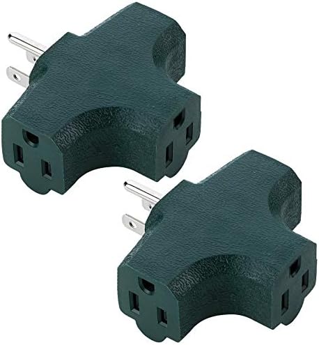 Katzco 3 Way T Straight Shaped with Plug Locations on The Left - 2 Pack - Right, and Middle for Behind Furniture - Wall Outlet Splitter Triple Prong Plug Adapter- Green Color - UL Listed