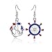 Nautical Anchor and Wheel Ship Dangle Earrings Design with Blue Red and White Color, Fashion Jewelry