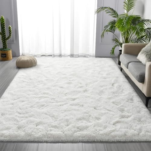 GGEROU Large Shag Area Rugs,Tie-Dyed Plush Fuzzy Rugs for Living Room, Anti Slip Fluffy Bedroom Rug,Large Area Rug Shag Shaggy Carpet for Bedroom,Nursery,Kids Room,Home Decor (White, 200 * 300cm)